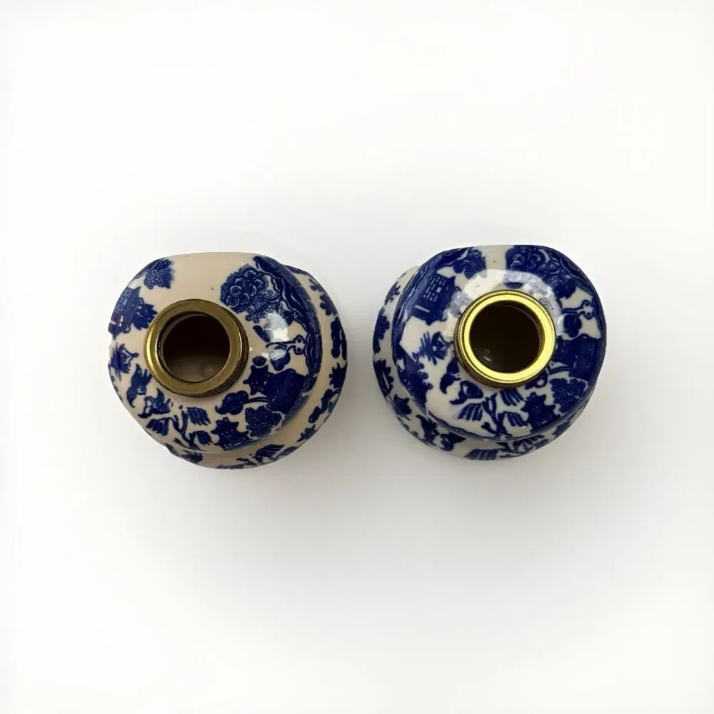 Vintage Victorian Japanese Blue Willow Decorative Oil Lamp Pair Set